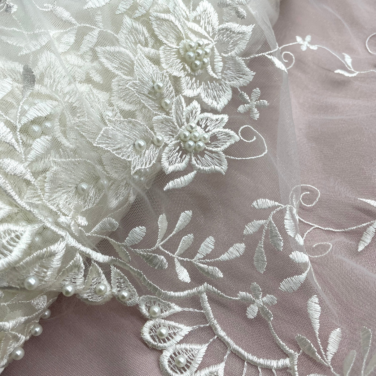 Beaded Lace Fabric Ivory Embroidered Mesh
