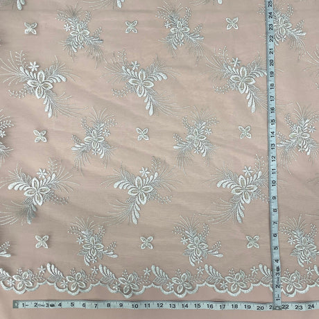 1 Yard Silver Beaded Lace Fabric Embroidered on Polyester Net Mesh for Wedding and Evening Gowns – 52"