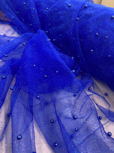Glitter Mesh Fabric With Scattered Pearls - 2-Way Stretch Sheer Mesh, 60" Width (1 Yard)