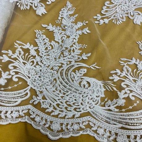 1 Yard Elegant Beaded and Corded Bridal Lace Fabric Embroidered on Polyester Net Mesh