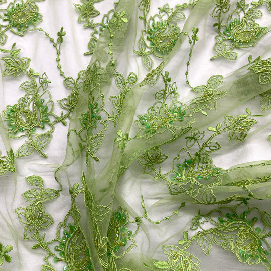 1 Yard Beaded and Corded Bridal Lace Fabric Embroidered on Polyester Net Mesh for Elegant Wedding Gowns – 50"