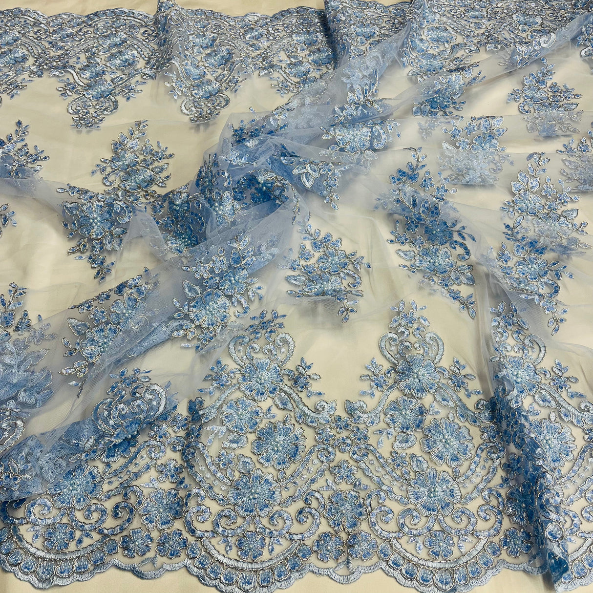 Beaded Corded Lace Fabric - Scalloped Embroidered Metallic Lace, 54" Width (1 Yard)