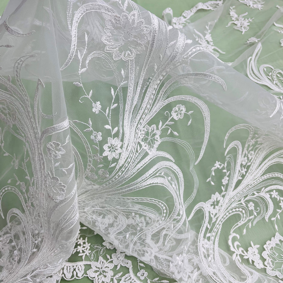 1 Yard - Corded Bridal Lace Fabric Embroidered on 100% Polyester Net Mesh - 54"