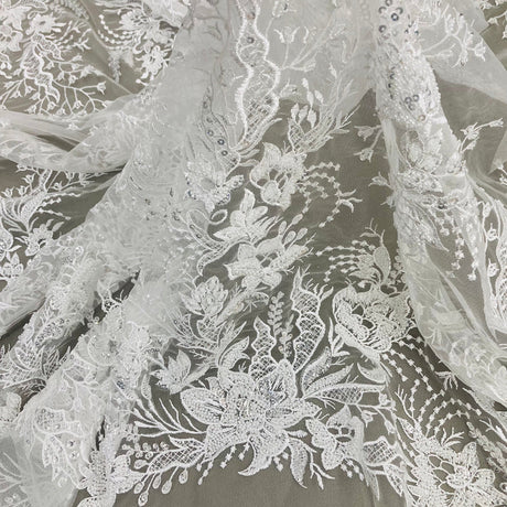 1 Yard Elegant Beaded Lace Fabric White