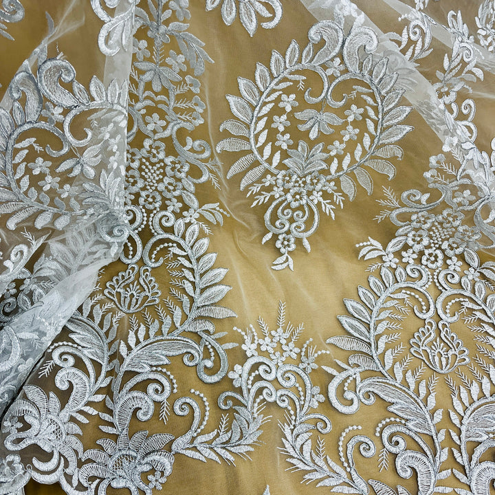 1 Yard Exquisite Corded Embroidered Bridal Lace Fabric for Elegant Dresses White