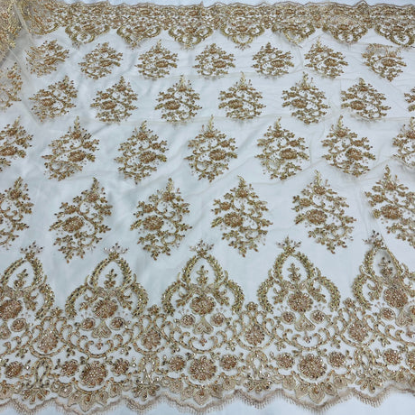 Beaded Corded Bridal Lace Polyester Fabric - Embroidered Net Mesh, Royal Blue, 53" Width (1 Yard)
