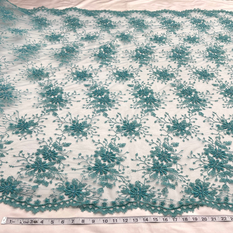 Beaded Lace Fabric Embroidered On 100 Percent Polyester Net Mesh - Fuchsia, Teal, 52" Width (1 Yard)