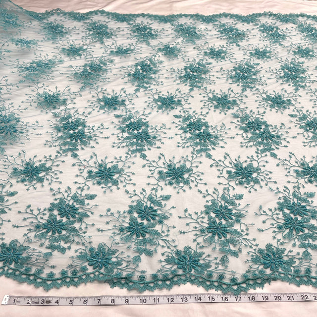 Beaded Lace Fabric Embroidered On 100 Percent Polyester Net Mesh - Fuchsia, Teal, 52" Width (1 Yard)