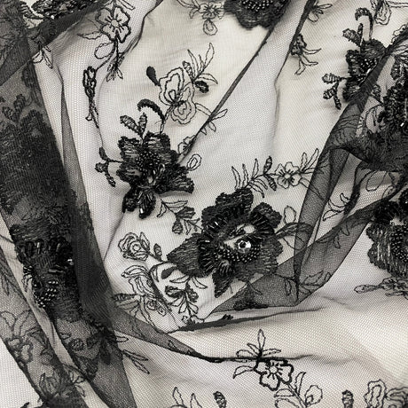 Beaded Lace Fabric on Black Polyester Mesh