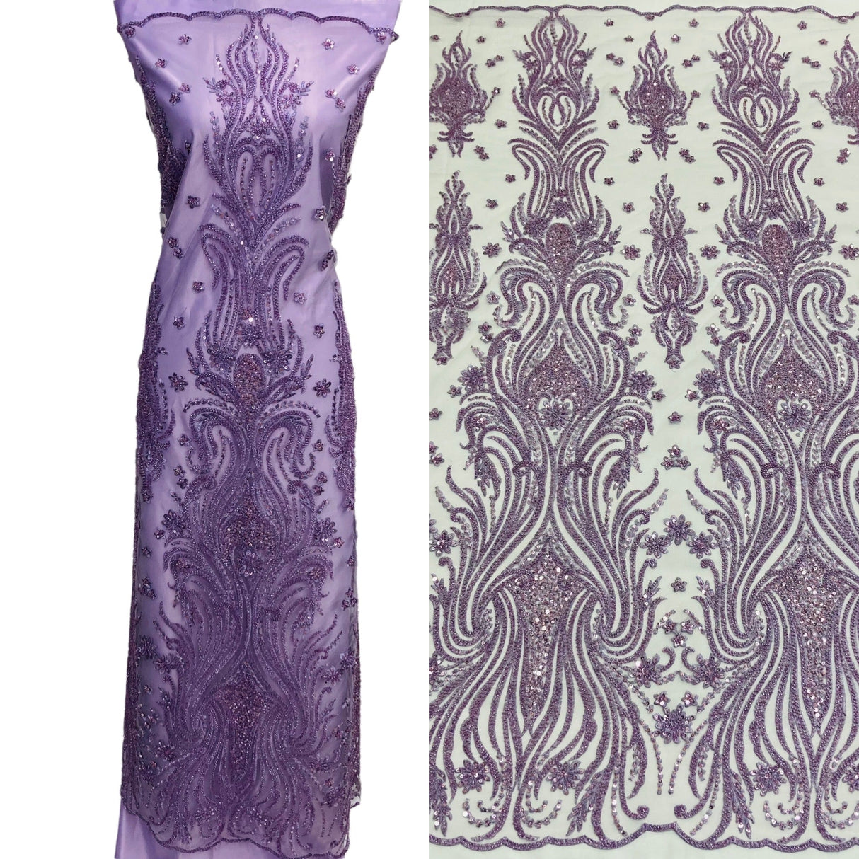 GD-114 Beaded Lace Fabric - Embroidered On 100% Polyester Net Mesh, Royal Blue/Lilac, 52" Width (1 Yard)