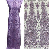 GD-114 Beaded Lace Fabric - Embroidered On 100% Polyester Net Mesh, Royal Blue/Lilac, 52" Width (1 Yard)