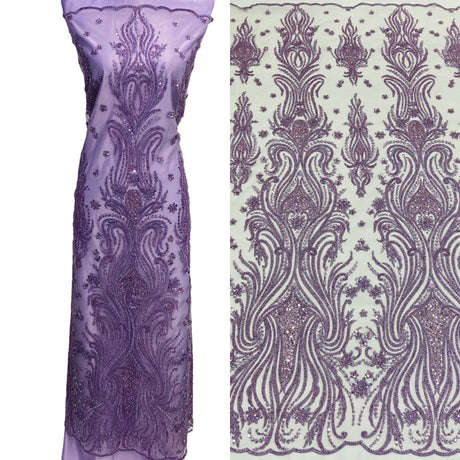 GD-114 Beaded Lace Fabric - Embroidered On 100% Polyester Net Mesh, Royal Blue/Lilac, 52" Width (1 Yard)