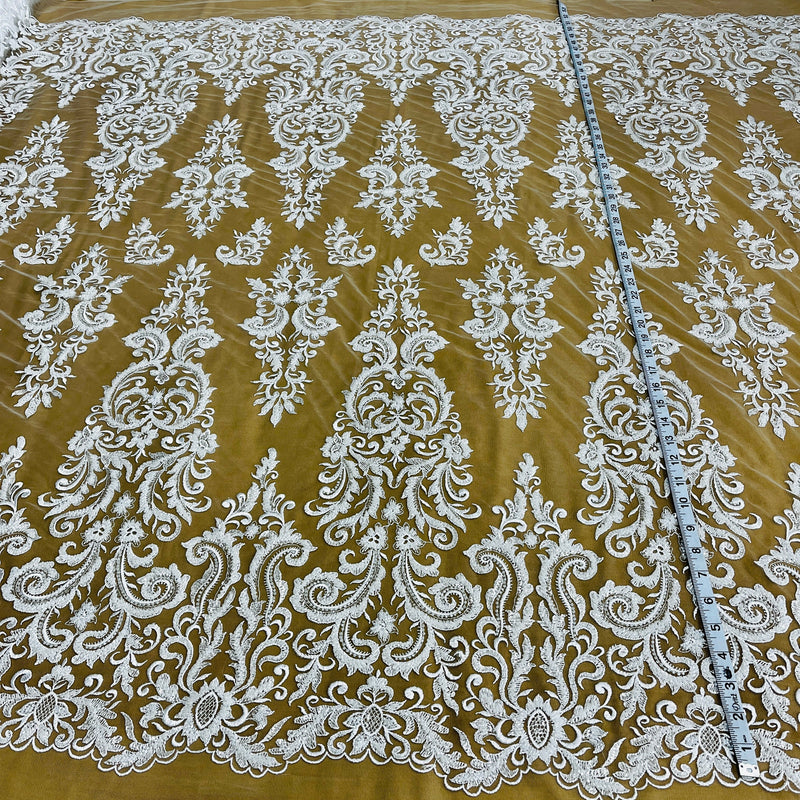 Beaded Lace Fabric Embroidered On 100% Polyester Net Mesh - Off White, Floral Sequin Embroidery, 52" Width (1 Yard)