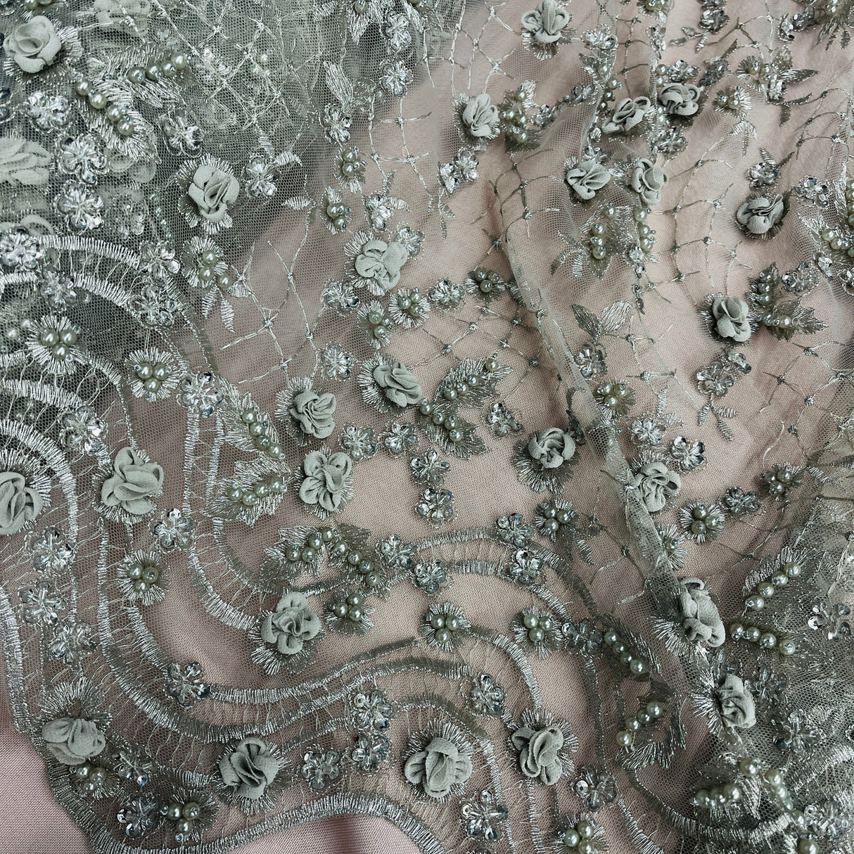 Beaded 3D Floral Lace Fabric