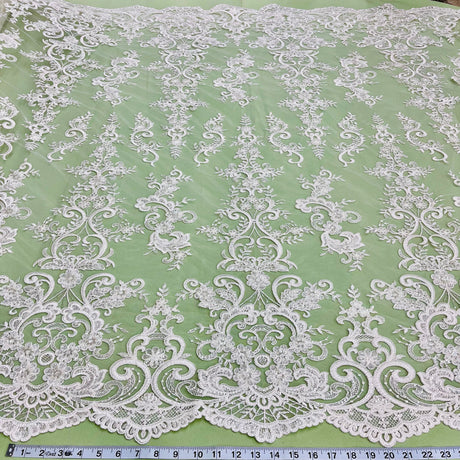 Beaded Corded Bridal Lace Fabric on Polyester Net Mesh