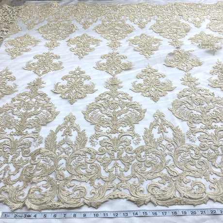 1 Yard Exquisite Corded Bridal Lace Fabric Embroidered on 100% Polyester Net Mesh White