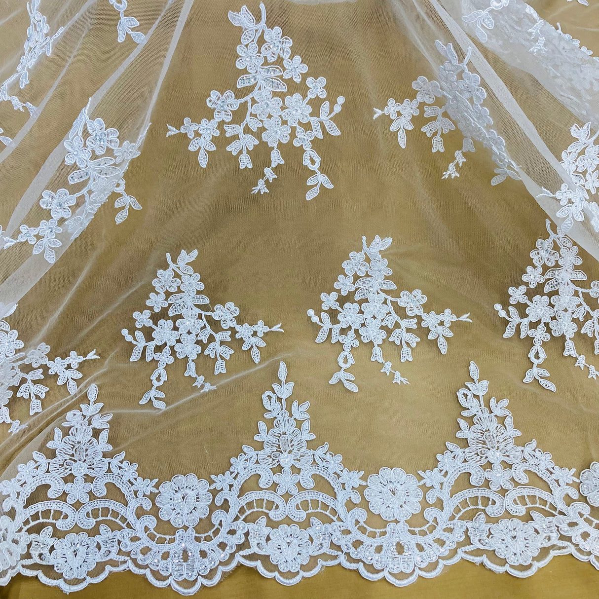 Beaded Corded Bridal Lace Ivory Mesh