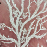 Beaded Lace Fabric Embroidered With Fuzzy Thread On 100 Percent Polyester Net Mesh - Ivory, Silver, White, Gold, 54" Wide (1 Yard)