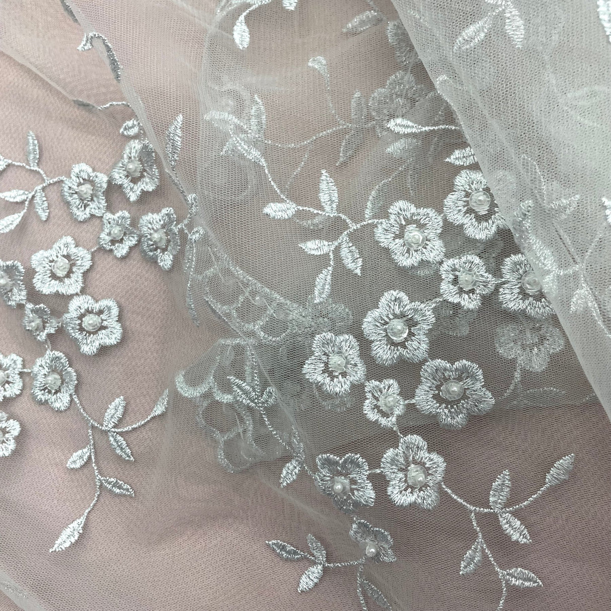 1 Yard Silver Beaded Lace Fabric Embroidered on Net Mesh for Wedding and Evening Gowns – 52"