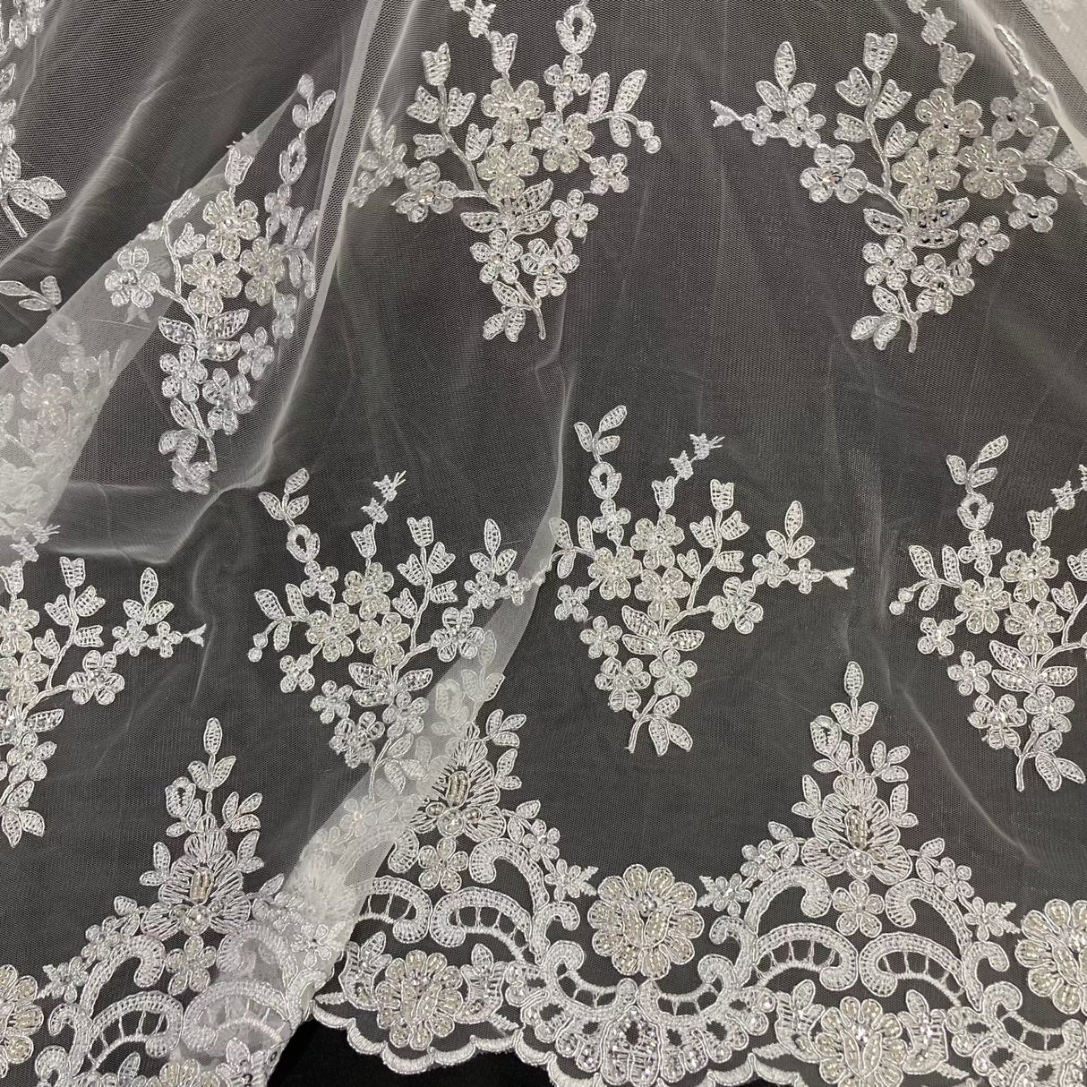 Beaded Corded Bridal Lace Ivory Mesh