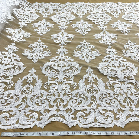 1 Yard Exquisite Corded Bridal Lace Fabric Embroidered on 100% Polyester Net Mesh White