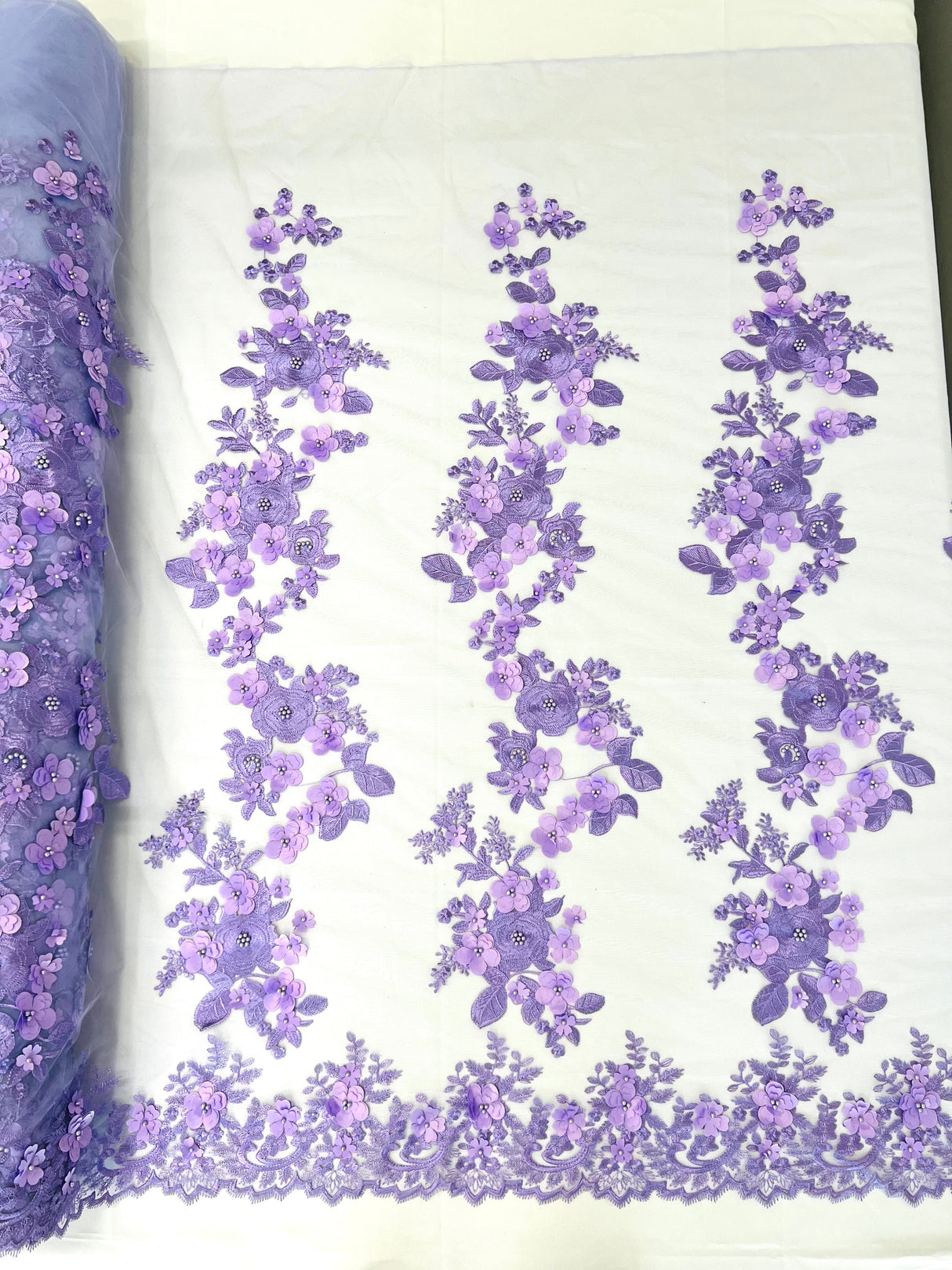 Scarlet 3D Floral Design Lace Fabric - Embroidered Beaded Mesh Lace, Double Scallop, 54" Width (1 Yard)
