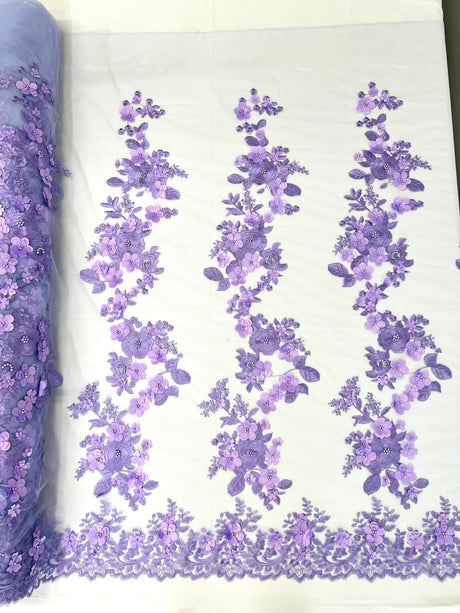 Scarlet 3D Floral Design Lace Fabric - Embroidered Beaded Mesh Lace, Double Scallop, 54" Width (1 Yard)