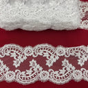 Corded Double Sided Lace Trimming 100 Percent Polyester Fabric - Embroidered Net Mesh, Ivory With Silver, 5" Width (1 Yard)