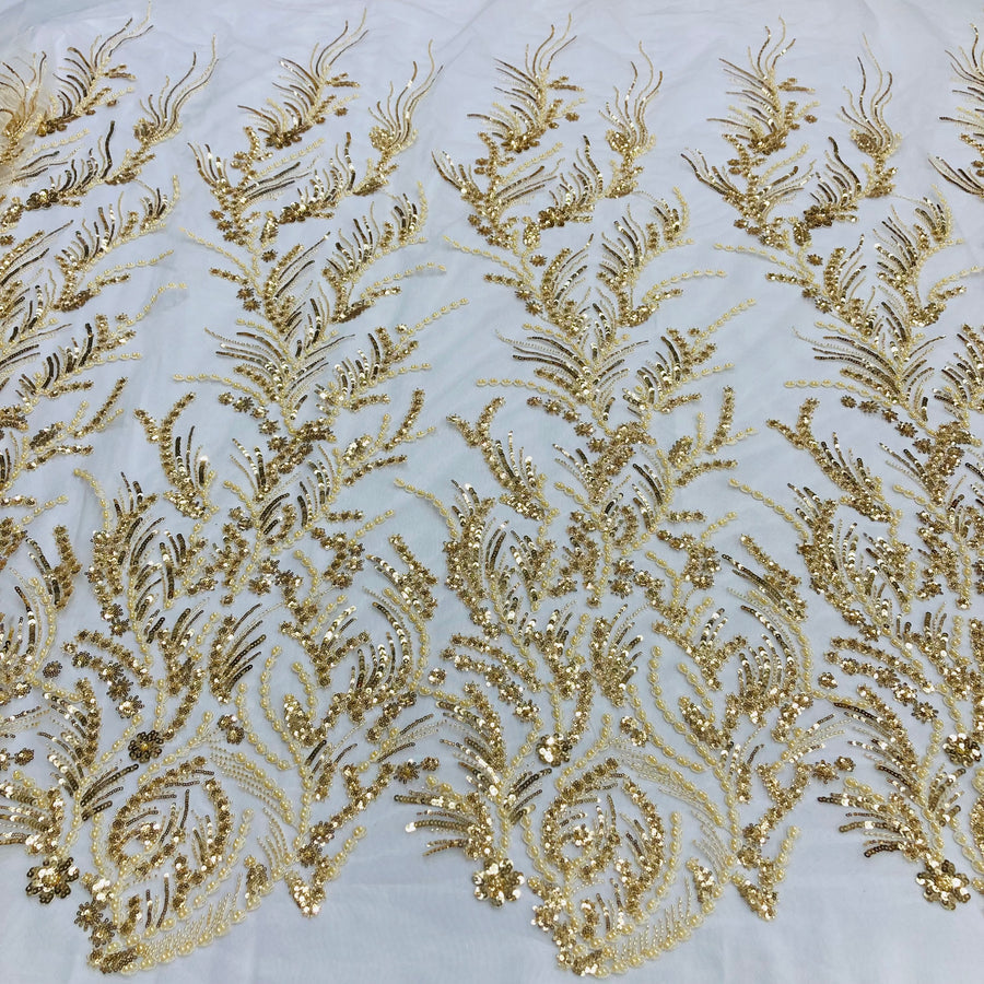 1 Yard Beaded Lace Fabric Embroidered on Polyester Net Mesh White and Ecru