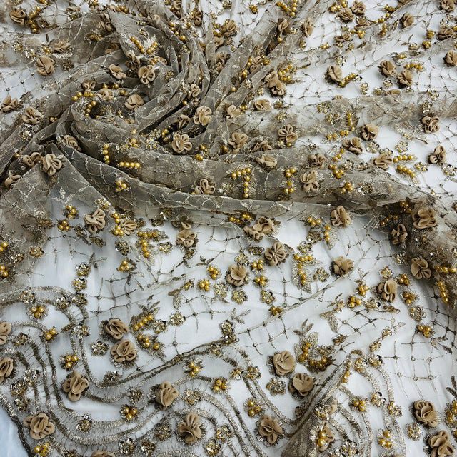 Beaded 3D Floral Lace Fabric
