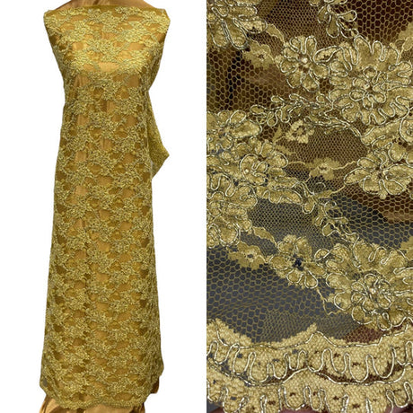 1 Yard Corded Bridal Lace Fabric Embroidered on Polyester Net Mesh 54 inch Width
