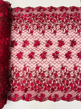 Lia 3D Floral Design Lace Fabric - Beaded Mesh, Double Scallop, 54" Width (1 Yard)