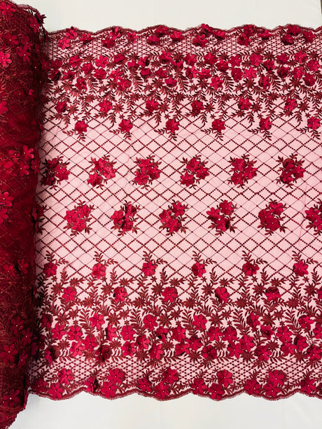 Lia 3D Floral Design Lace Fabric - Beaded Mesh, Double Scallop, 54" Width (1 Yard)