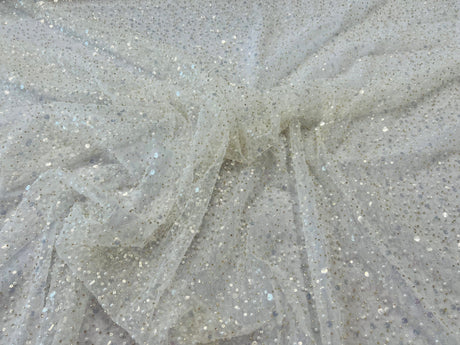 All Over Beaded Lace Polyester Fabric - Beaded, Sequins, Pearls, Mesh Lace, 54" Width (1 Yard)