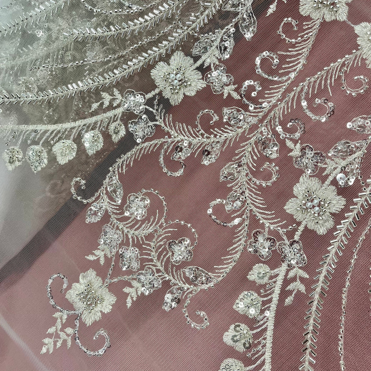 Beaded Lace Fabric on Polyester Net Mesh