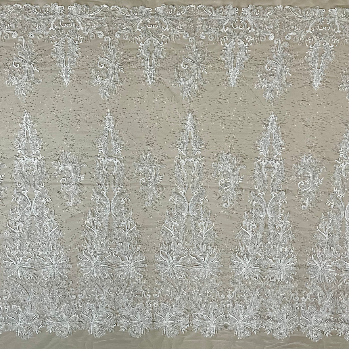 Beaded Lace Fabric Embroidered With Fuzzy Thread on 100 Percent Polyester Net Mesh - Ivory, Silver, White, Gold, 53" Width (1 Yard)