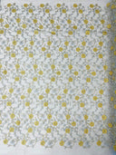Daisy Multi Color Gold Metallic Floral Design Embroidered On A Red Mesh Lace Fabric - Red Mesh Lace, Gold Metallic Floral Design, 50" Width (1 Yard)