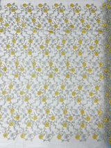 Daisy Multi Color Gold Metallic Floral Design Embroidered On A Red Mesh Lace Fabric - Red Mesh Lace, Gold Metallic Floral Design, 50" Width (1 Yard)