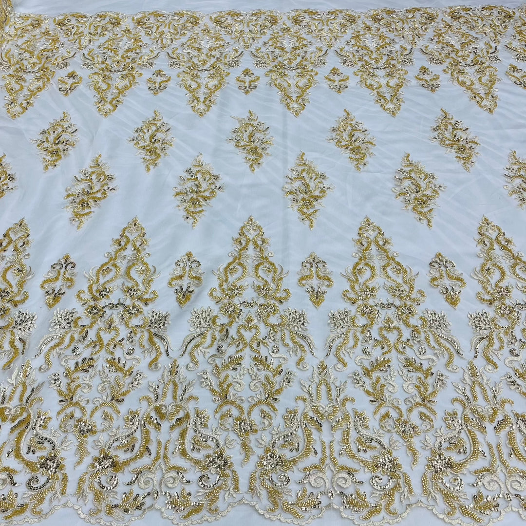 1 Yard Beaded & Sequined Lace Fabric Embroidered on 100% Polyester Net Mesh