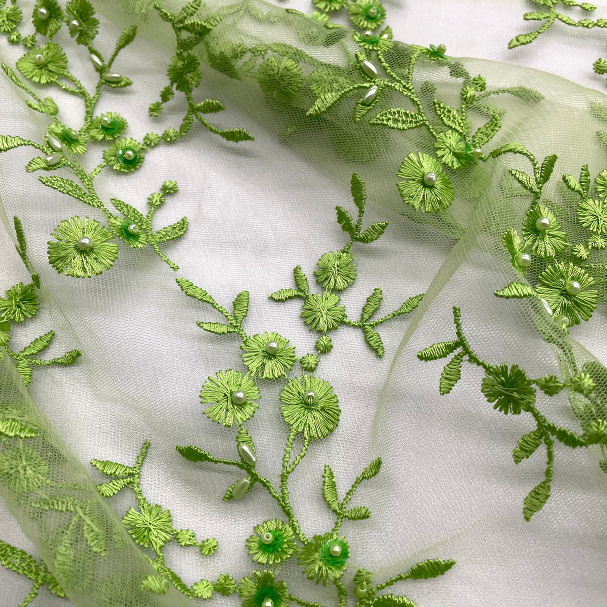Beaded Lace Fabric on Polyester Net Mesh