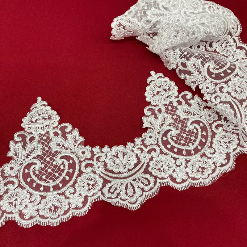 Corded Lace Trimming Embroidered On 100 Percent Polyester Net Mesh Fabric - Ivory, White, 8.5" Width (1 Yard)