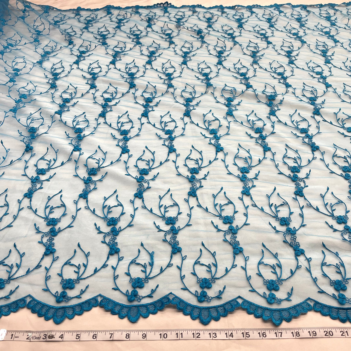 Embroidered Lace Fabric Turquoise Mesh