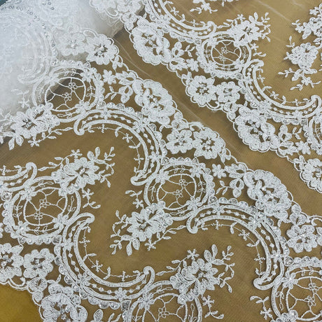 1 Yard Ivory Beaded and Corded Bridal Lace Fabric Embroidered on Polyester Net Mesh 51 Inch Width