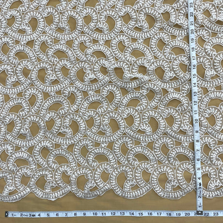 Beaded Lace Fabric Embroidered On 100 Percent Polyester Organza - White, Alencon Lace, 54" Width (1 Yard)