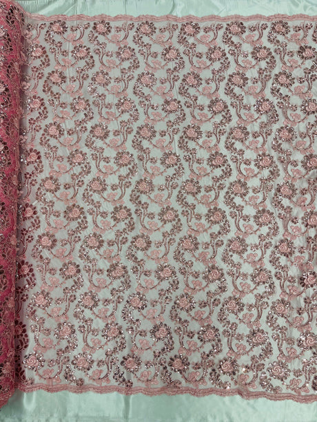 Pamela Floral Lace Polyester Fabric - Floral Corded Embroidered Sequin Lace, 50-54" Width (1 Yard)