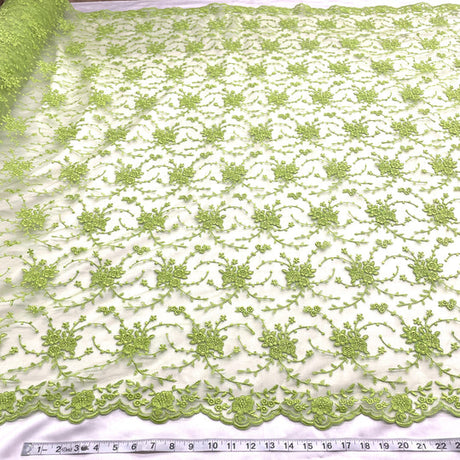 1 Yard Corded Bridal Lace Fabric Embroidered on 100% Polyester Net Mesh | Lace USA - 95575W - Lime Green - 52" Wide