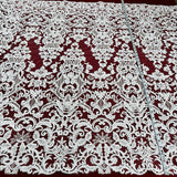 1 Yard Beaded & Corded Bridal Lace Fabric Embroidered on 100% Polyester Net Mesh