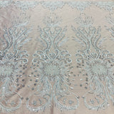 Beaded Lace Fabric Embroidered On 100 Percent Polyester Net Mesh - Gold, Silver, Ivory, White, 52" Wide (1 Yard)