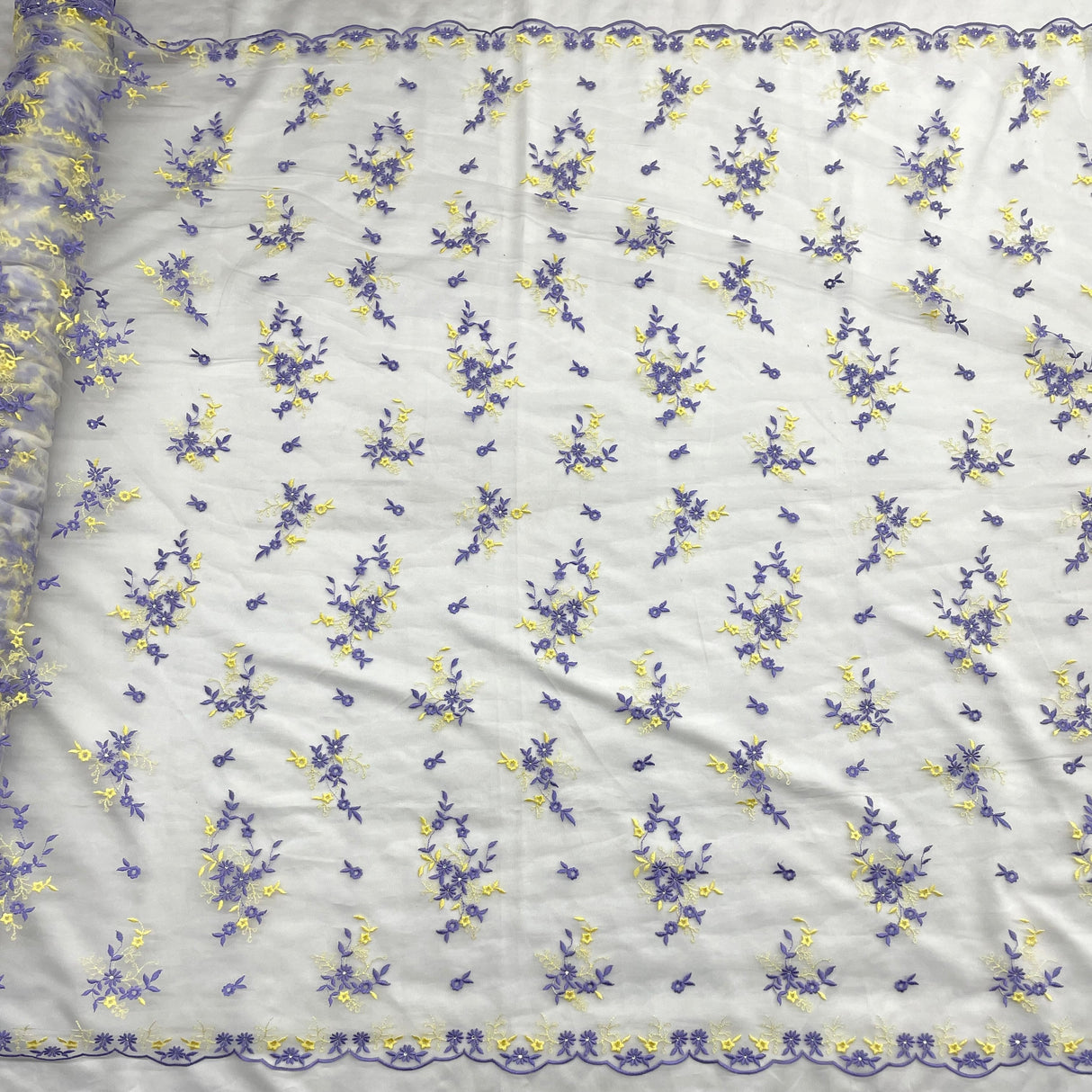 Beaded Lace Fabric Embroidered On 100 Percent Polyester Net Mesh - Yellow, Lilac, Brown/Orange, 54" Width (1 Yard)