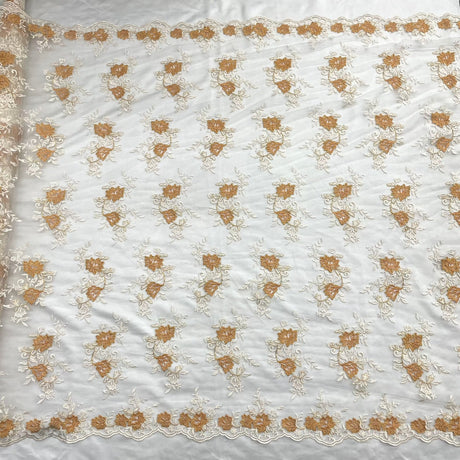 1 Yard - Corded Bridal Lace Fabric Embroidered on 100% Polyester Net Mesh Ivory with Silver - 53"